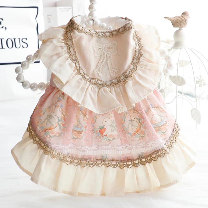 Abito Lolita Principessa Cani Gatti Cotone Pizzo Dorato