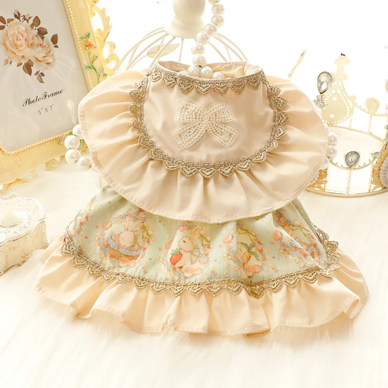 Abito Lolita Principessa Cani Gatti Cotone Pizzo Dorato