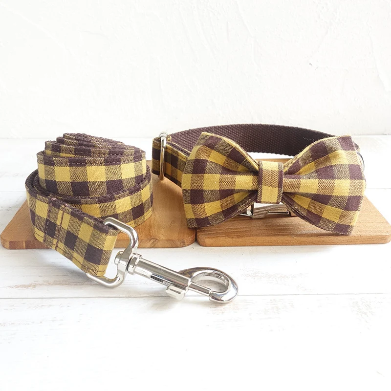 Set Guinzaglio Collare Papillon Quadri Giallo Marrone