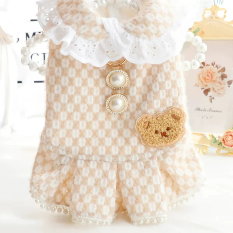 Abito Principessa Tweed Beige Cani Gatti Pizzo Perle