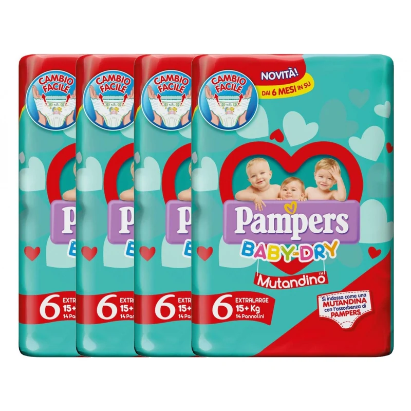 Kit Pannolini Pampers Baby Dry Mutandino 15+ Kg Misura 6 - 4 Pacchi Da 14pz