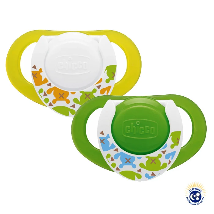 Succhietto Chicco Physioring Luminescente Caucciã¹ 2 Pz Giallo E Verde 4m+