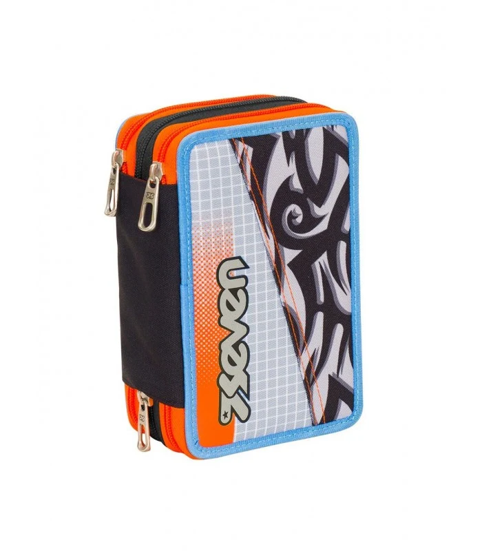 Astuccio 3 Zip Seven Tribal Boy Nero E Arancio