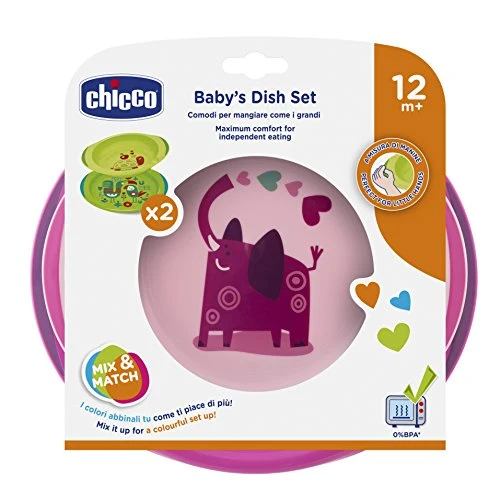 Chicco Set Piatti 12+, 2 Piatti, Rosa O Verde, Colori Assortiti