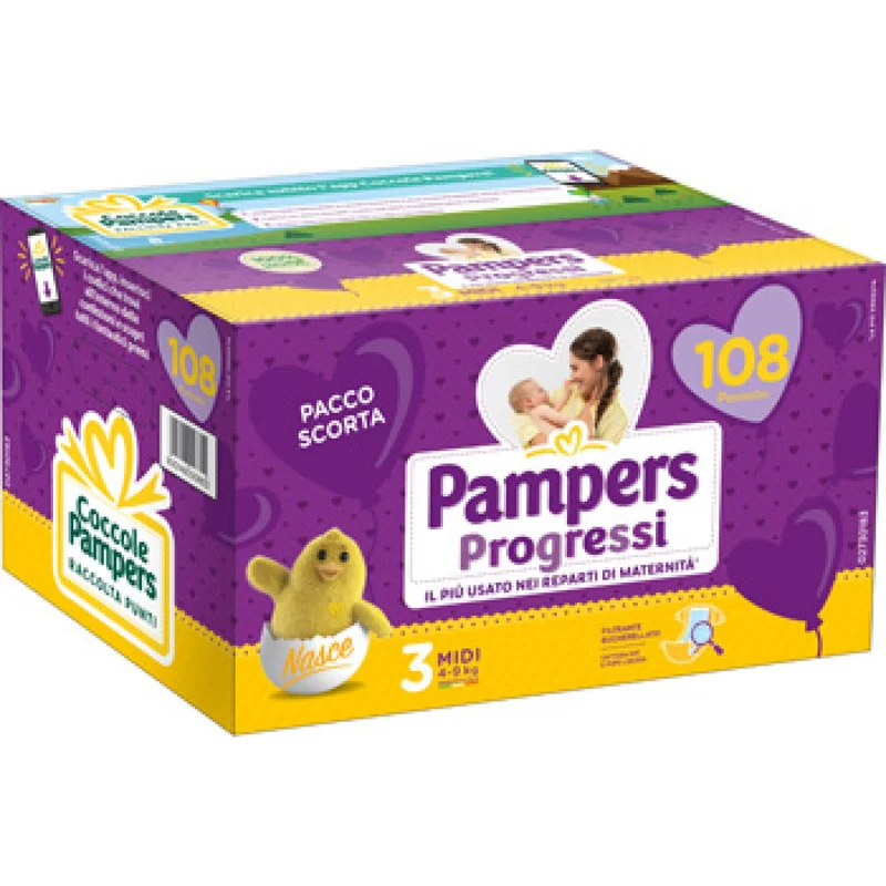 Quadripack Pannolini Pampers Progressi Midi 4-9 Kg Misura 3 (108 Pz)