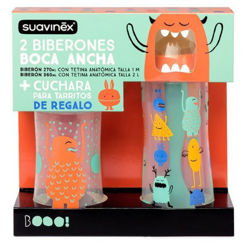 Bipack Biberon Suavinex Monster + Cucchiaino Verde Arancione