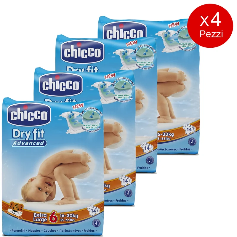 4 Confezioni Di Pannolini Chicco Dryfit Advanced 16-30 Kg (56pz) Misura 6
