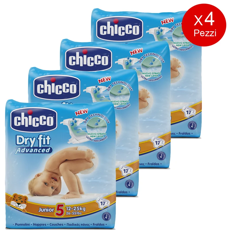 4 Confezioni Di Pannolini Chicco Dryfit Advanced 12-25 Kg (68pz) Misura 5