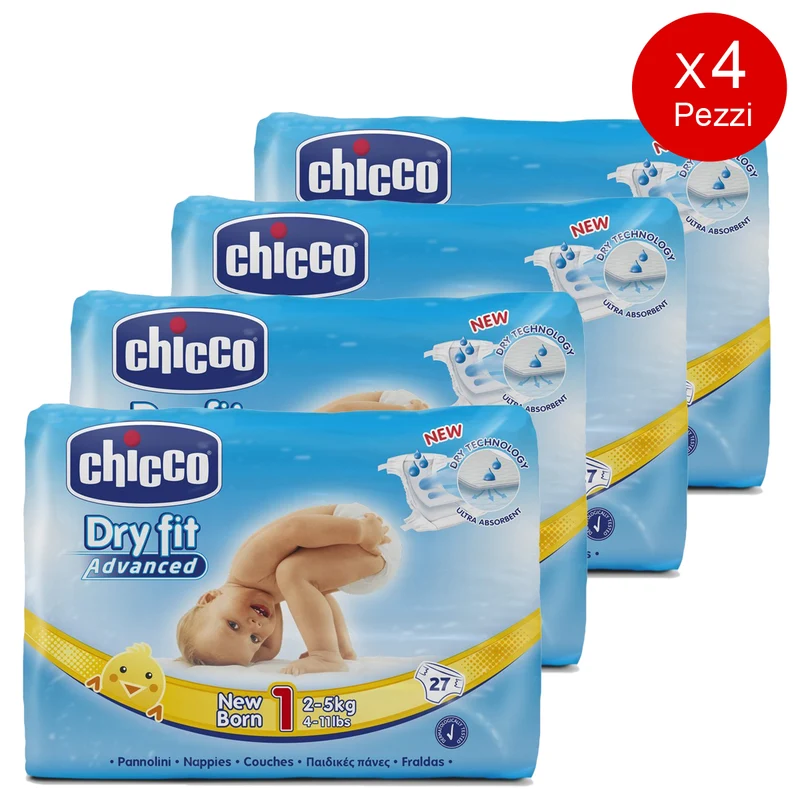 4 Confezioni Di Pannolini Chicco Dryfit Advanced 2-5 Kg (108 Pezzi) Misura 1