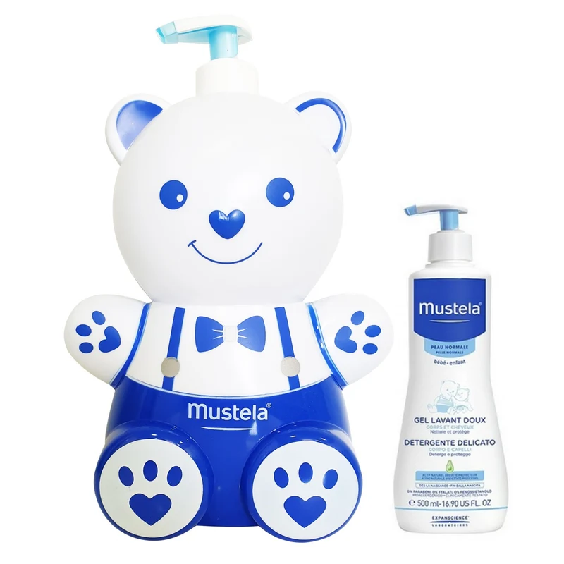 Detergente Delicato Mustela 500ml + Copriflacone Orsetto Blu