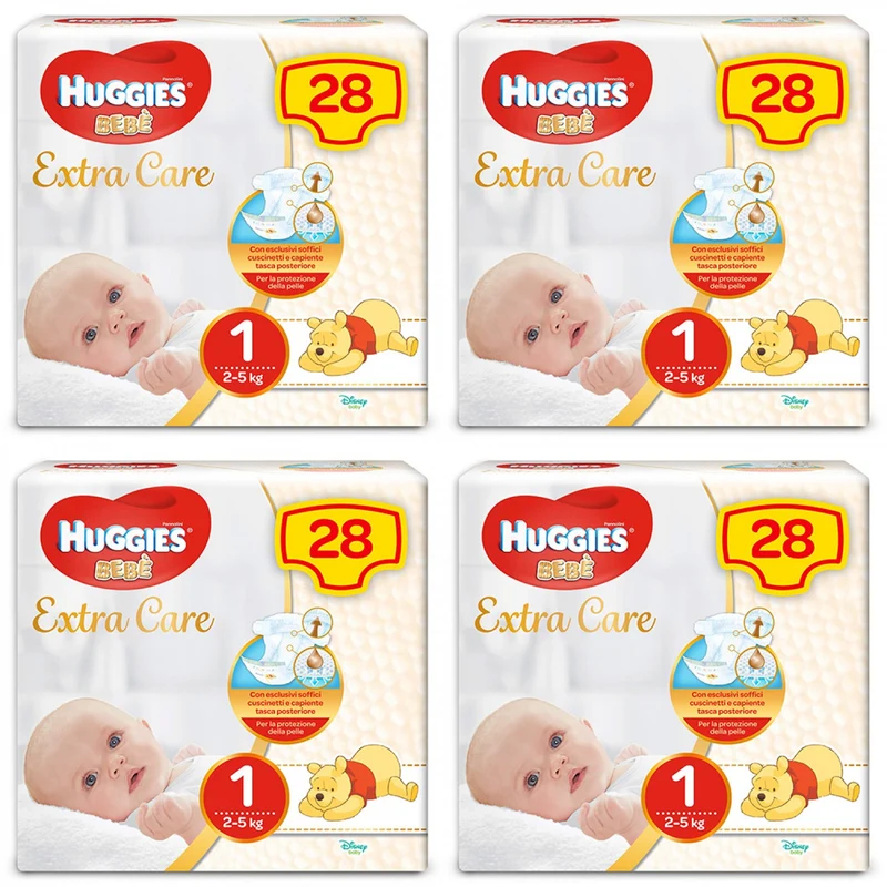 Huggies 112 Pannolini Extra Care Taglia 1 (2-5 Kg) 4 Pacchi Da 28 Pezzi