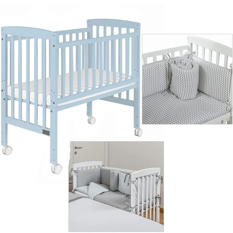Lettino Culla Co-Sleeping Picci Lella Azzurro + Materasso E Tessile Zig Zag Grigio