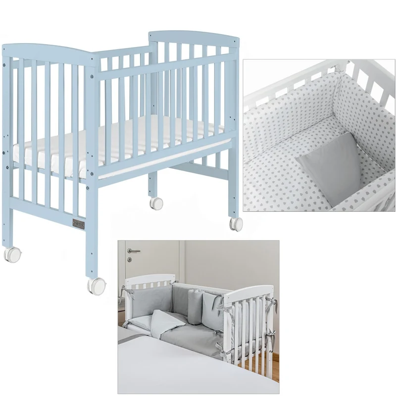 Lettino Culla Co-Sleeping Picci Lella Celeste + Materasso E Tessile Foglia Grigio