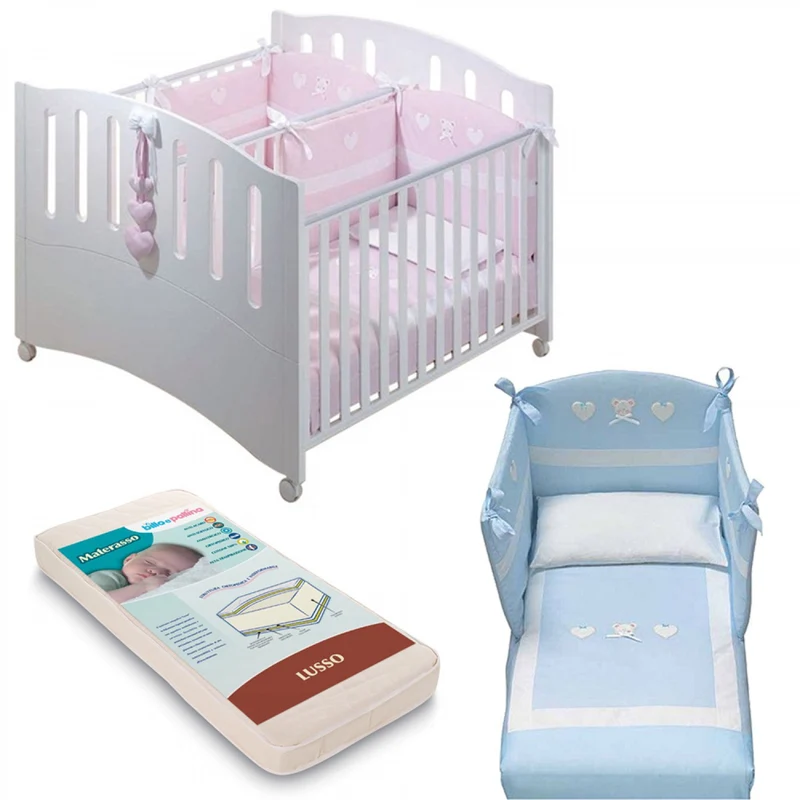 Lettino Gemellare Azzurra Design Gemini Bianco + Materasso + Completo Piumone Bianzo/Azzurro